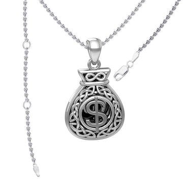 Celtic Infinity Money Bag with Wealth and Prosperity Bind Rune Silver Pendant TPD5962 - Jewelry